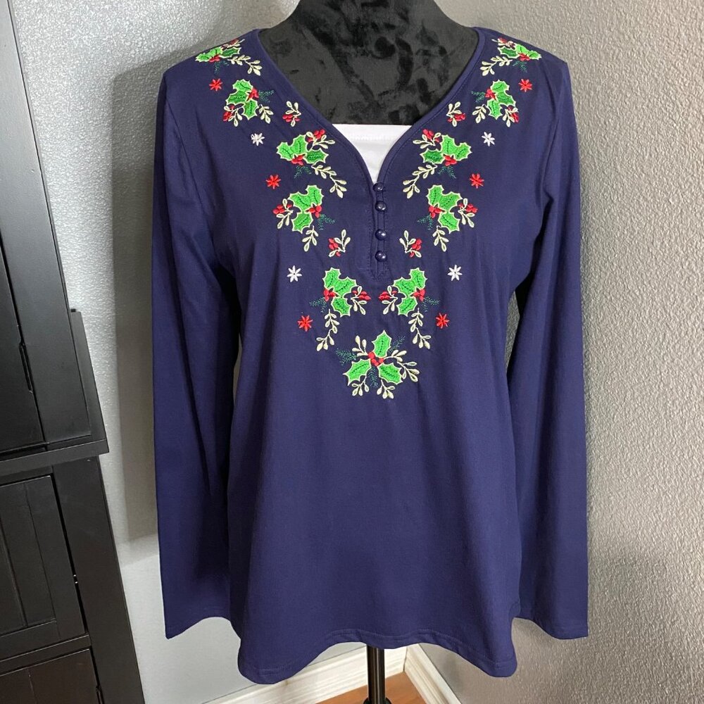 C&K Designs Womens M Top Navy Long Sleeve Holly Embroidered Christmas‎ Holiday